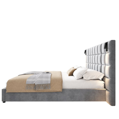 Gray Velvet King Bed with Wall Sconce and USB Port - Bunk and Bed Co.