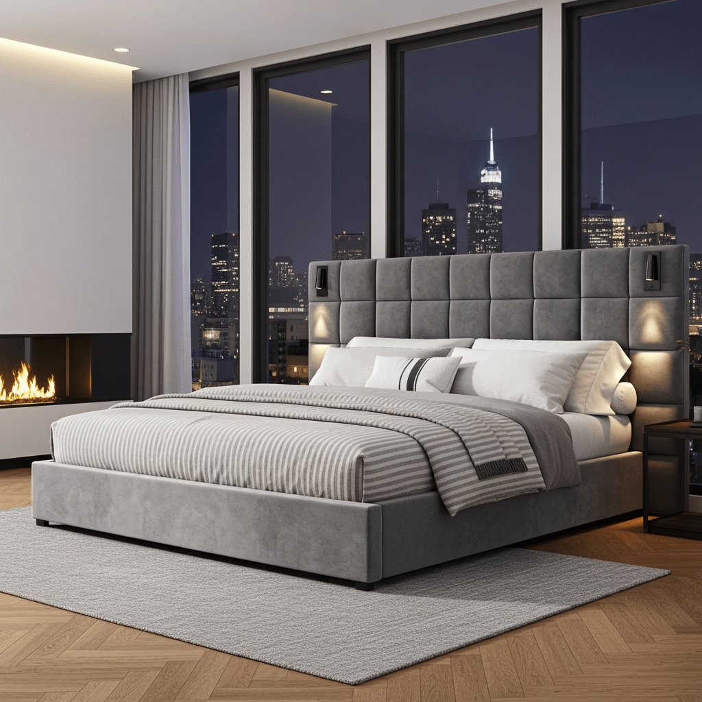 Gray Velvet King Bed with Wall Sconce and USB Port - Bunk and Bed Co.