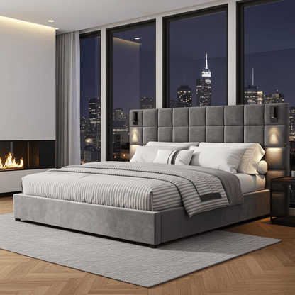 Gray Velvet King Bed with Wall Sconce and USB Port - Bunk and Bed Co.
