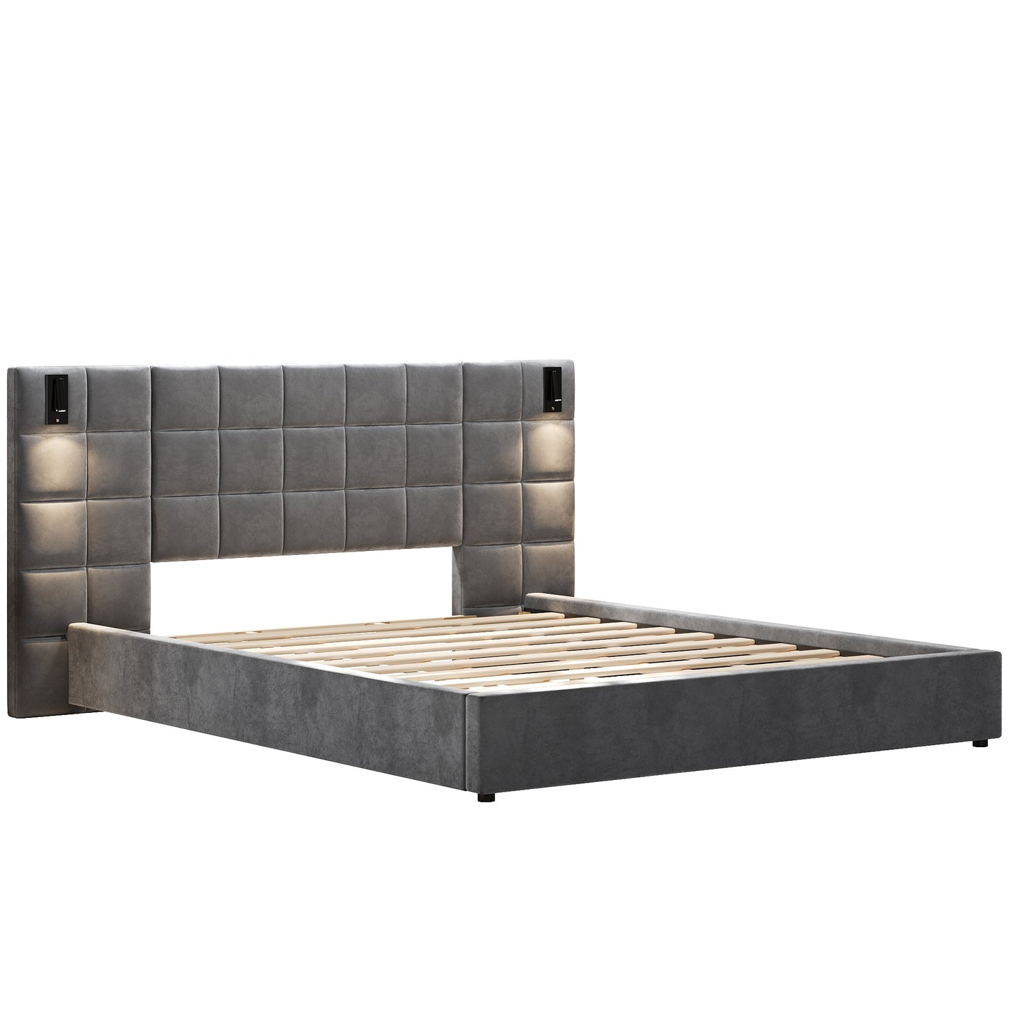 Gray Velvet King Bed with Wall Sconce and USB Port - Bunk and Bed Co.