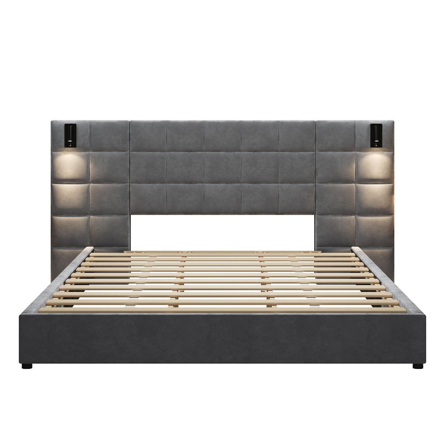 Gray Velvet King Bed with Wall Sconce and USB Port - Bunk and Bed Co.