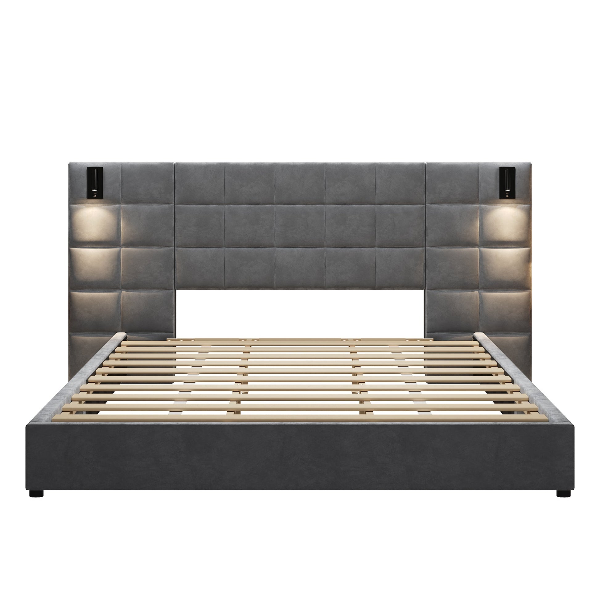 Gray Velvet King Bed with Wall Sconce and USB Port - Bunk and Bed Co.