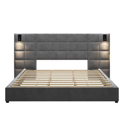 Gray Velvet King Bed with Wall Sconce and USB Port - Bunk and Bed Co.