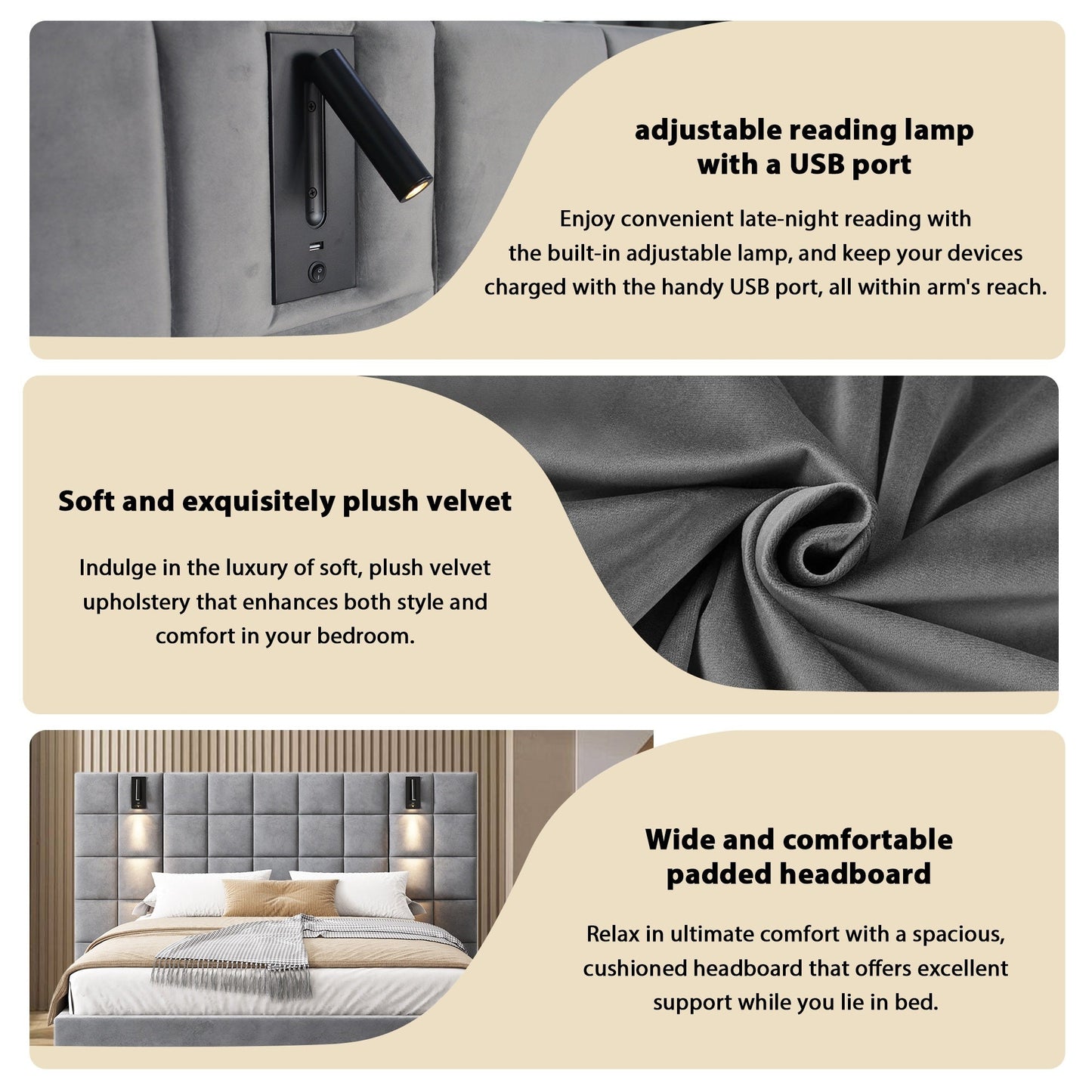 Gray Velvet King Bed with Wall Sconce and USB Port - Bunk and Bed Co.