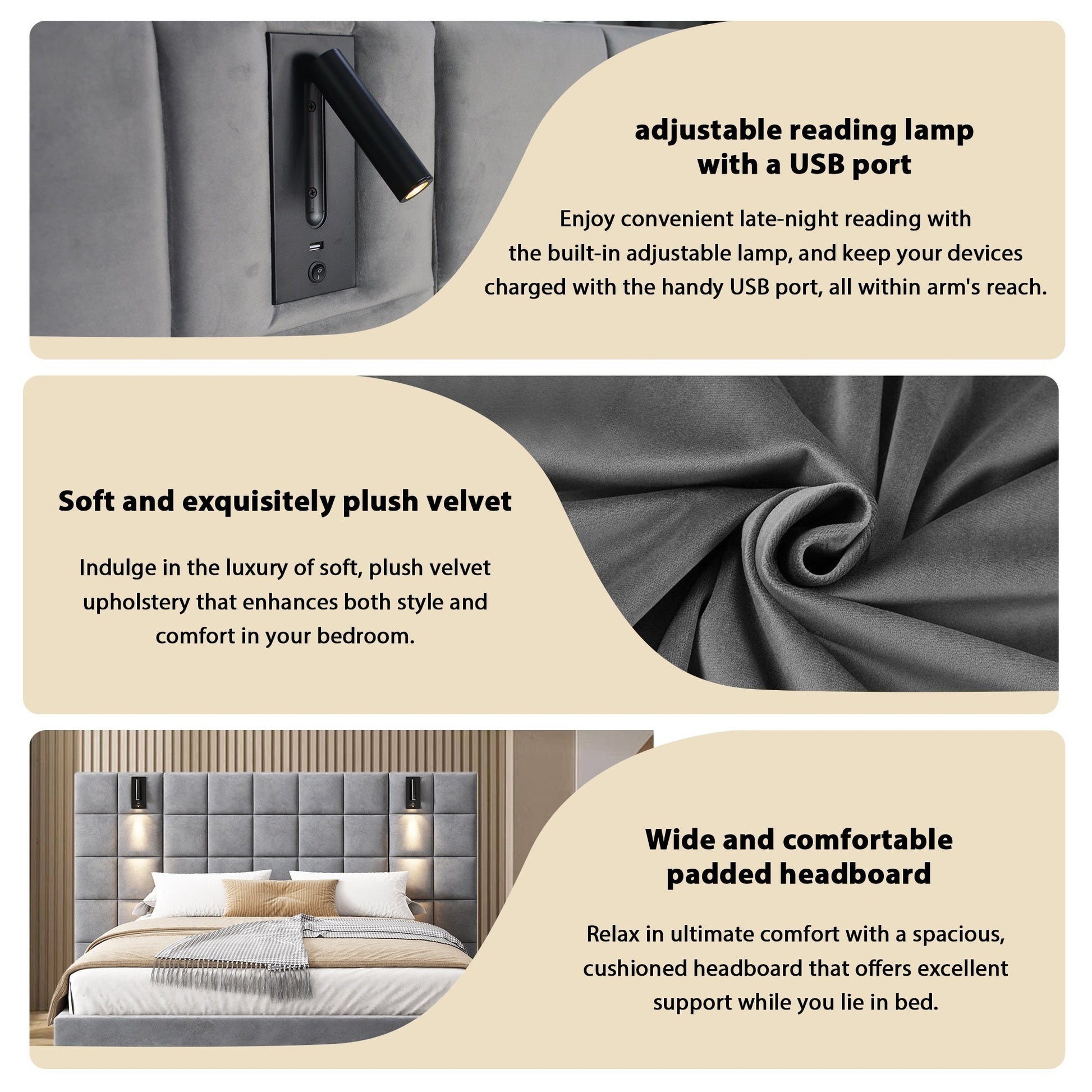 Gray Velvet King Bed with Wall Sconce and USB Port - Bunk and Bed Co.