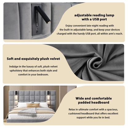 Gray Velvet King Bed with Wall Sconce and USB Port - Bunk and Bed Co.