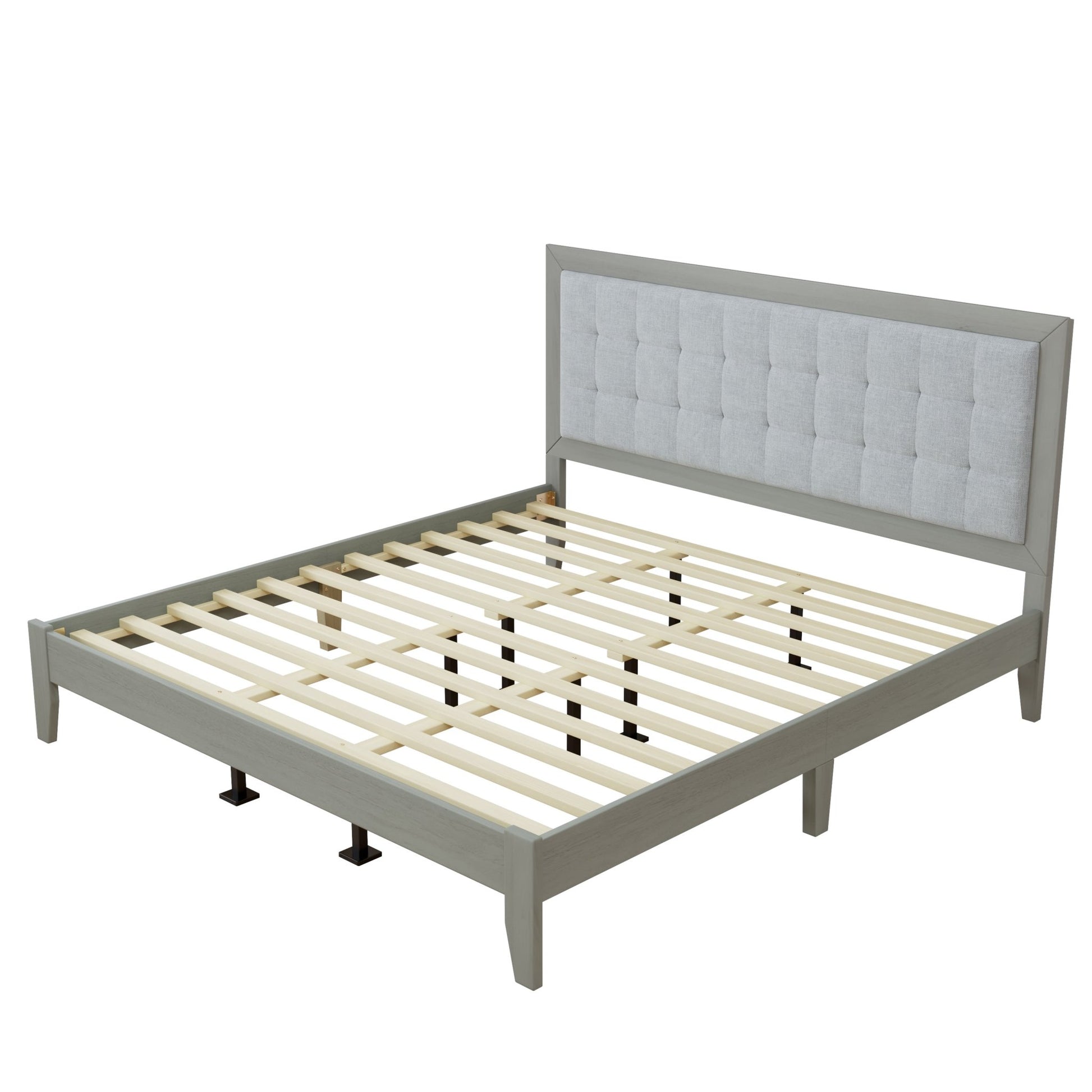 hampton Gray Solid Wood Platform Upholstered Headboard King Bed - Bunk and Bed Co.