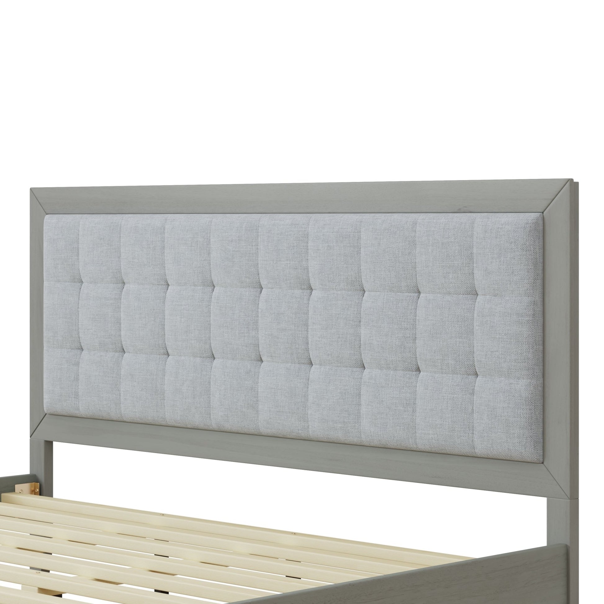 hampton Gray Solid Wood Platform Upholstered Headboard King Bed - Bunk and Bed Co.