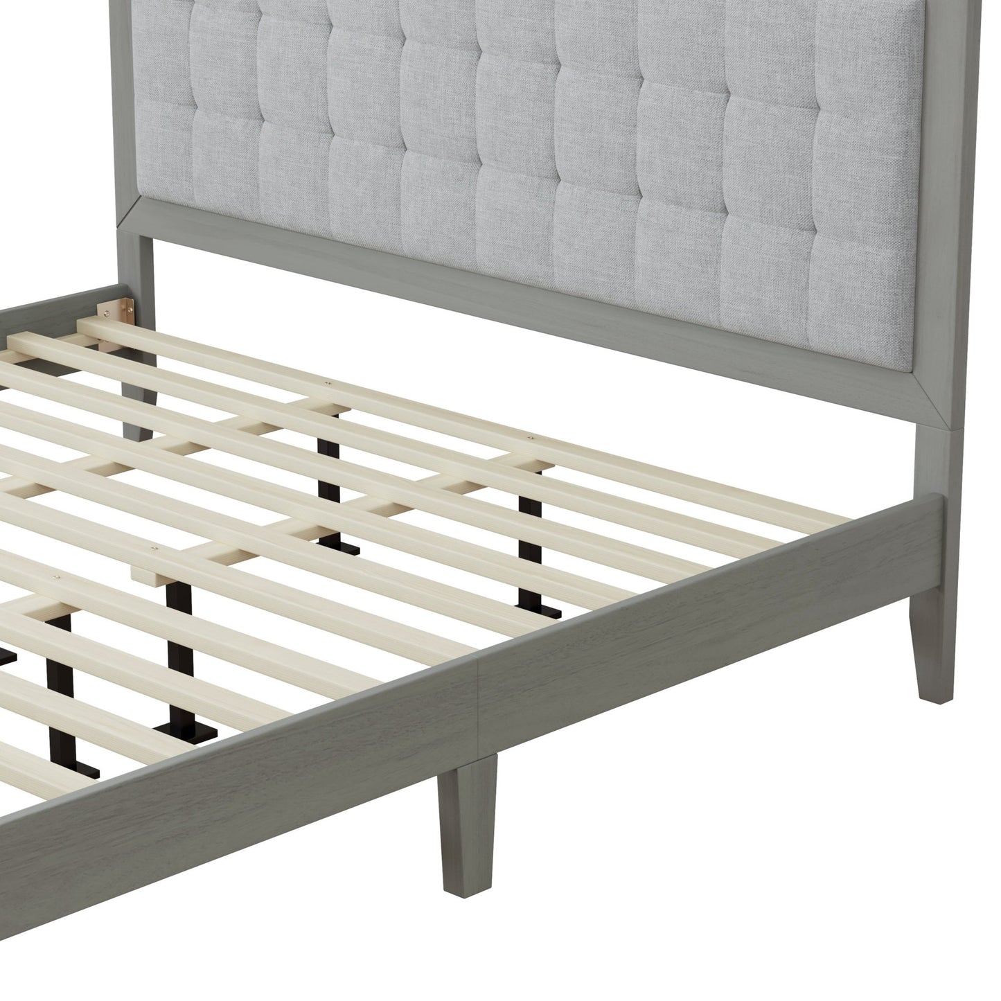 hampton Gray Solid Wood Platform Upholstered Headboard King Bed - Bunk and Bed Co.
