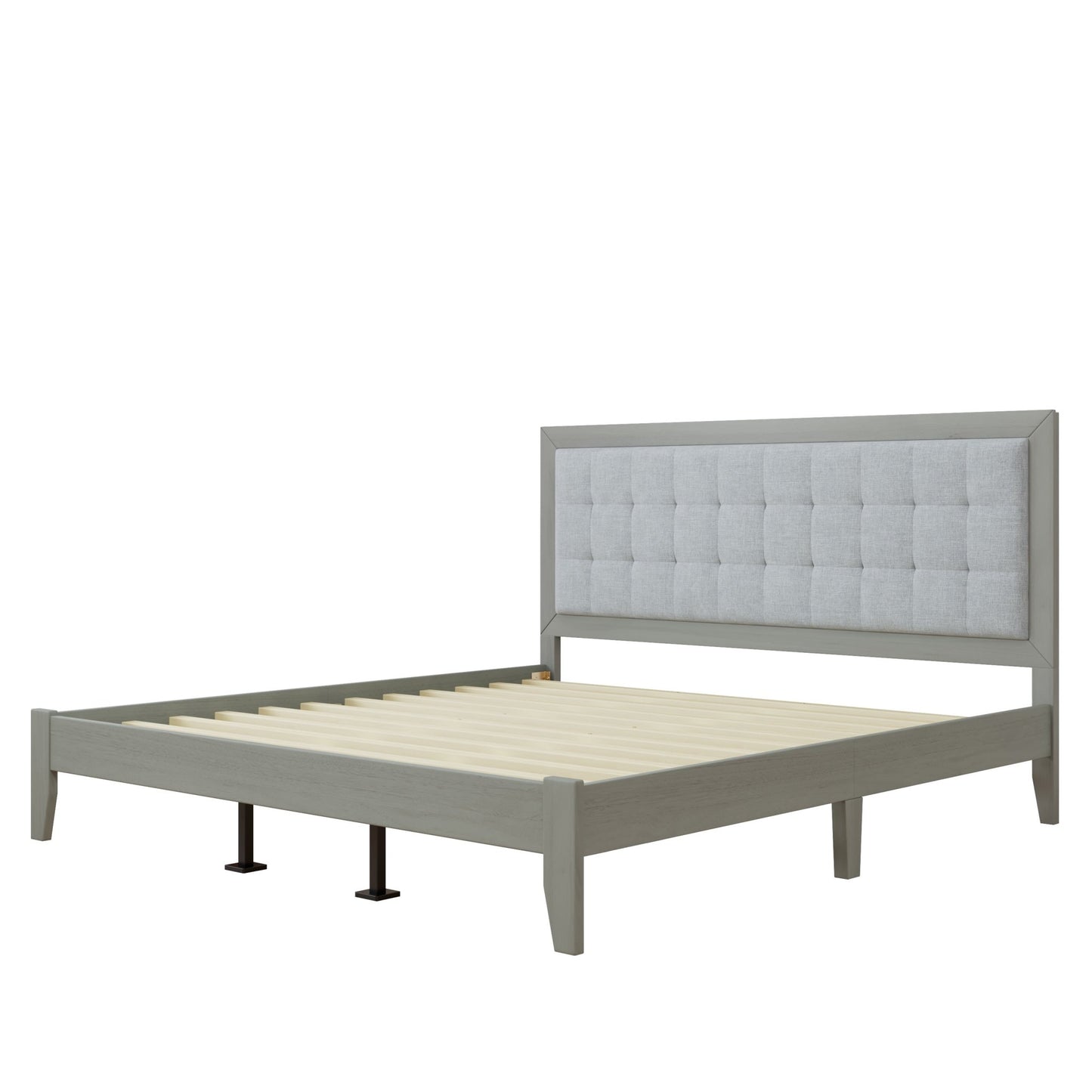 hampton Gray Solid Wood Platform Upholstered Headboard King Bed - Bunk and Bed Co.