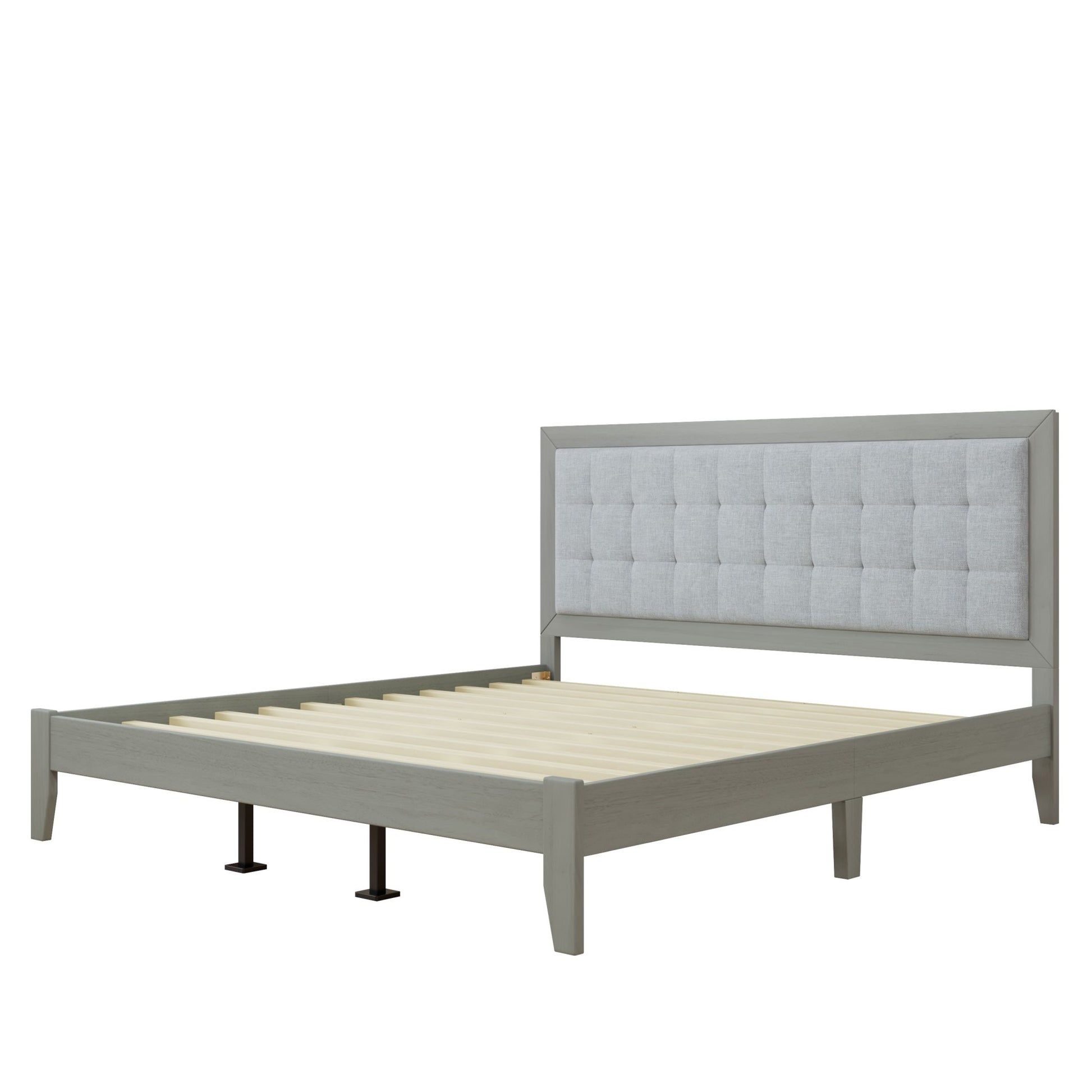 hampton Gray Solid Wood Platform Upholstered Headboard King Bed - Bunk and Bed Co.