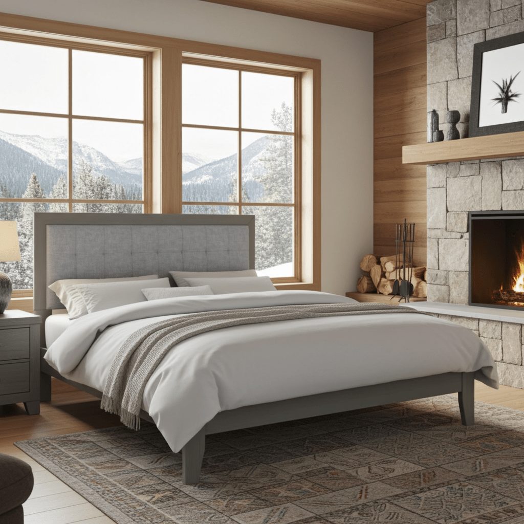 Hampton Gray Solid Wood Upholstered Headboard Queen Bed - Bunk and Bed Co.