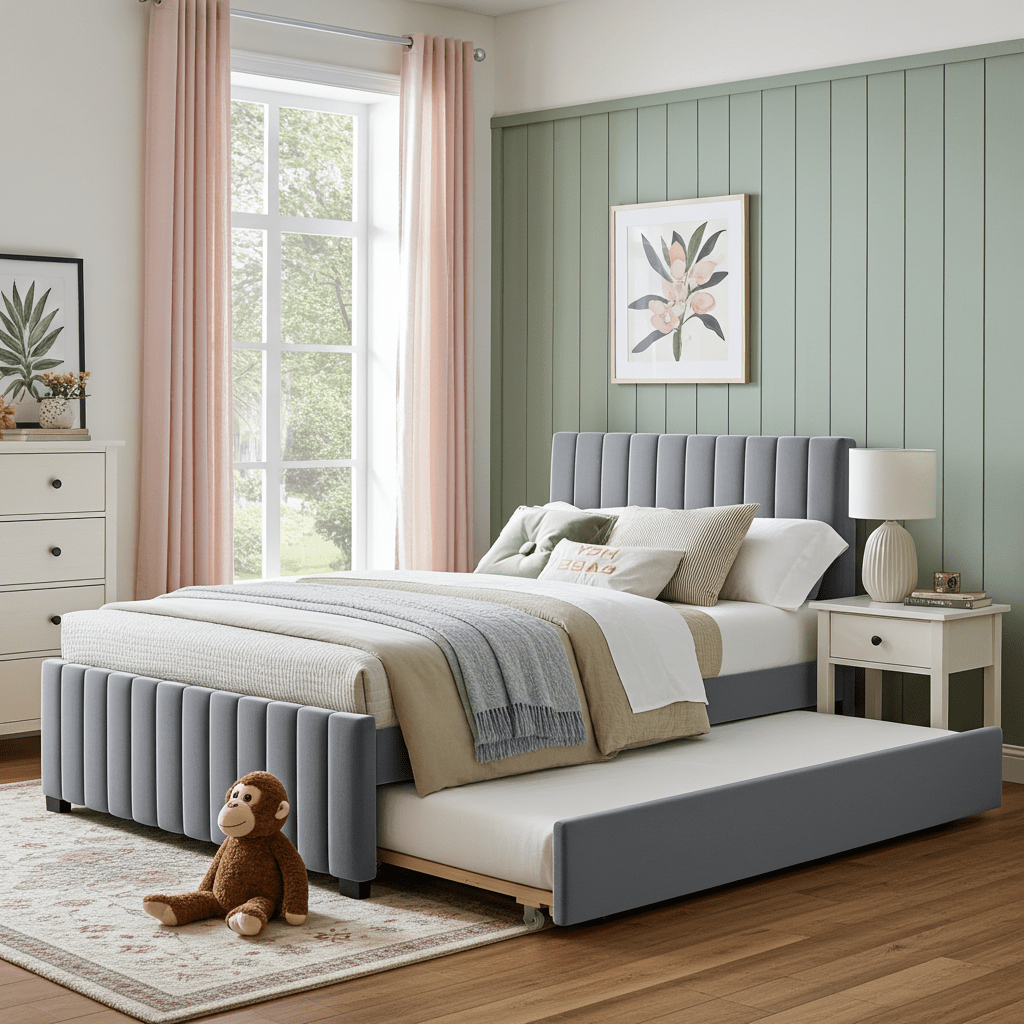 Linda Gray Velvet Full Bed with Twin Trundle - Bunk and Bed Co.