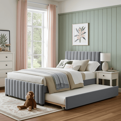 Linda Gray Velvet Full Bed with Twin Trundle - Bunk and Bed Co.
