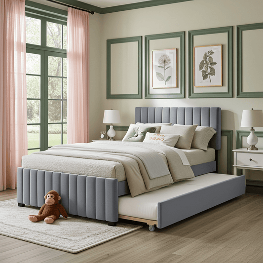 Linda Gray Velvet Full Bed with Twin Trundle - Bunk and Bed Co.
