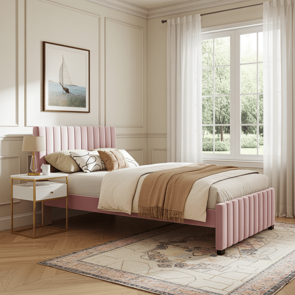 Linda Pink Velvet Full Bed with Twin Trundle - Bunk and Bed Co.