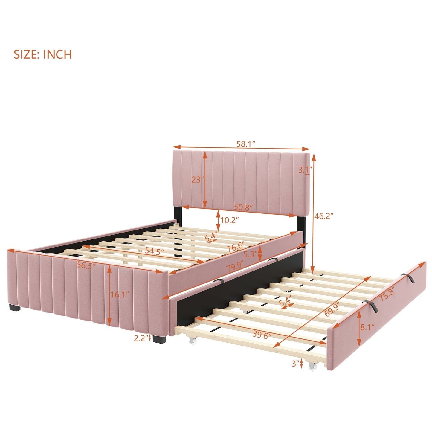 Linda Pink Velvet Full Bed with Twin Trundle - Bunk and Bed Co.