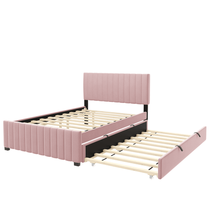 Linda Pink Velvet Full Bed with Twin Trundle - Bunk and Bed Co.