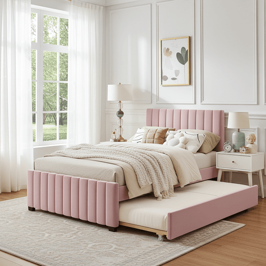 Linda Pink Velvet Full Bed with Twin Trundle - Bunk and Bed Co.