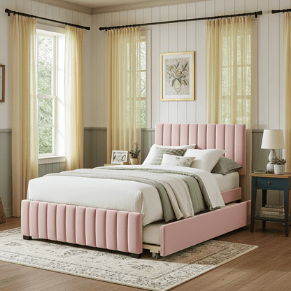 Linda Pink Velvet Twin Bed with Twin Trundle - Bunk and Bed Co.