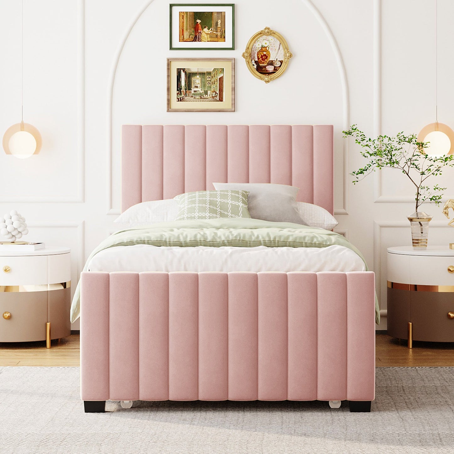 Linda Pink Velvet Twin Bed with Twin Trundle - Bunk and Bed Co.