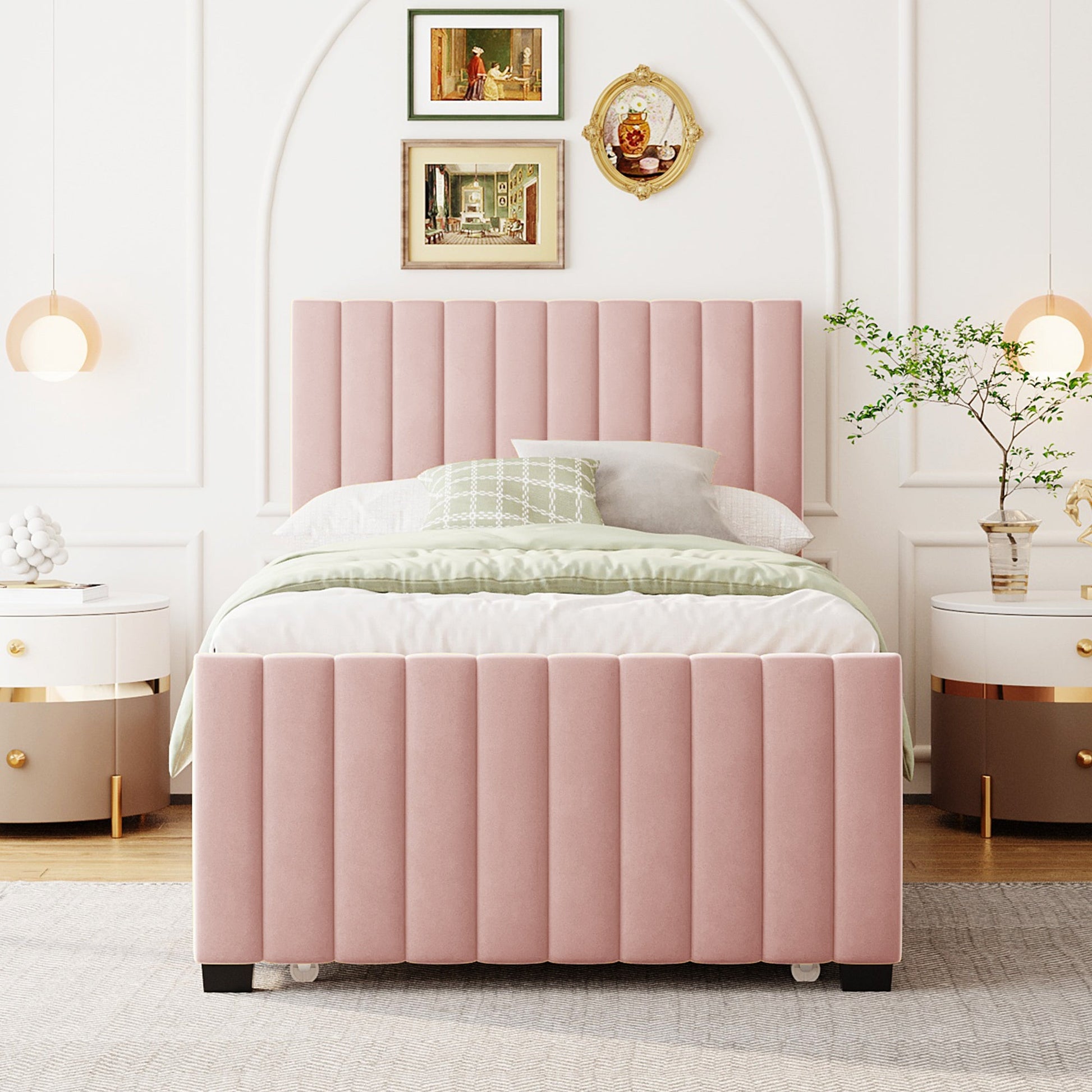 Linda Pink Velvet Twin Bed with Twin Trundle - Bunk and Bed Co.