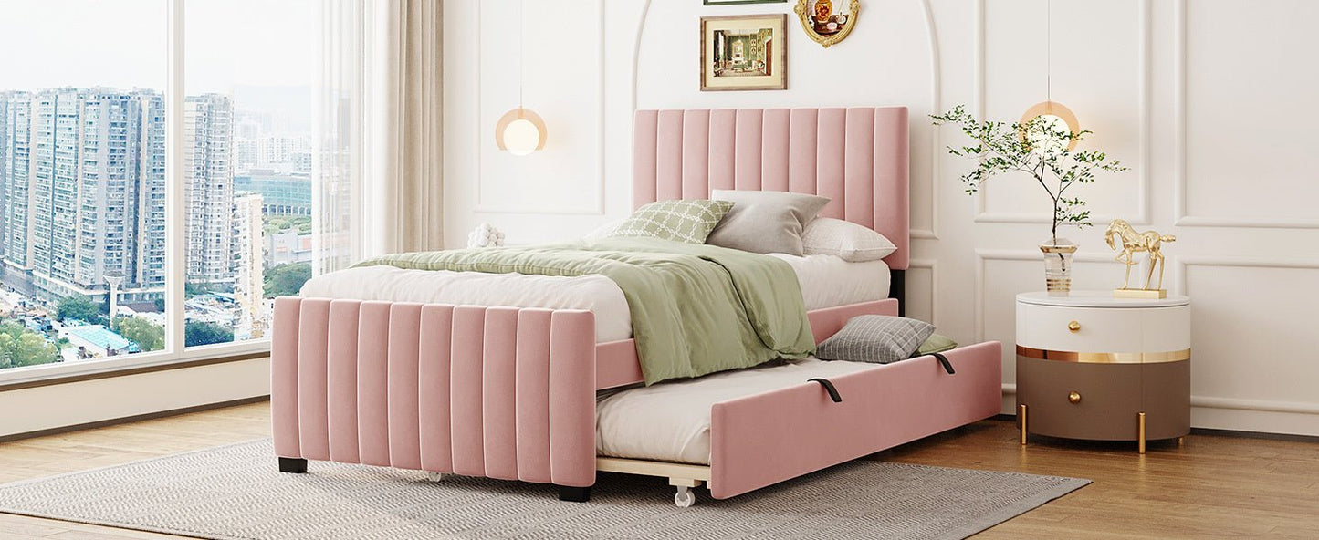 Linda Pink Velvet Twin Bed with Twin Trundle - Bunk and Bed Co.