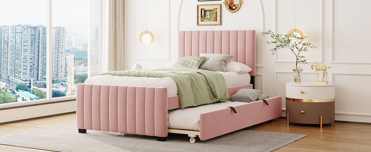 Linda Pink Velvet Twin Bed with Twin Trundle - Bunk and Bed Co.