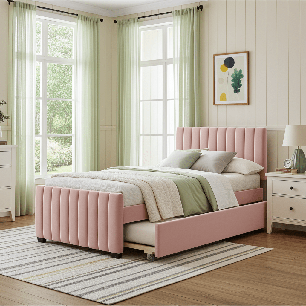 Linda Pink Velvet Twin Bed with Twin Trundle - Bunk and Bed Co.