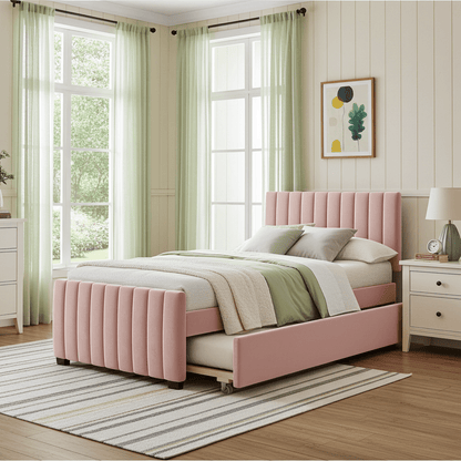Linda Pink Velvet Twin Bed with Twin Trundle - Bunk and Bed Co.