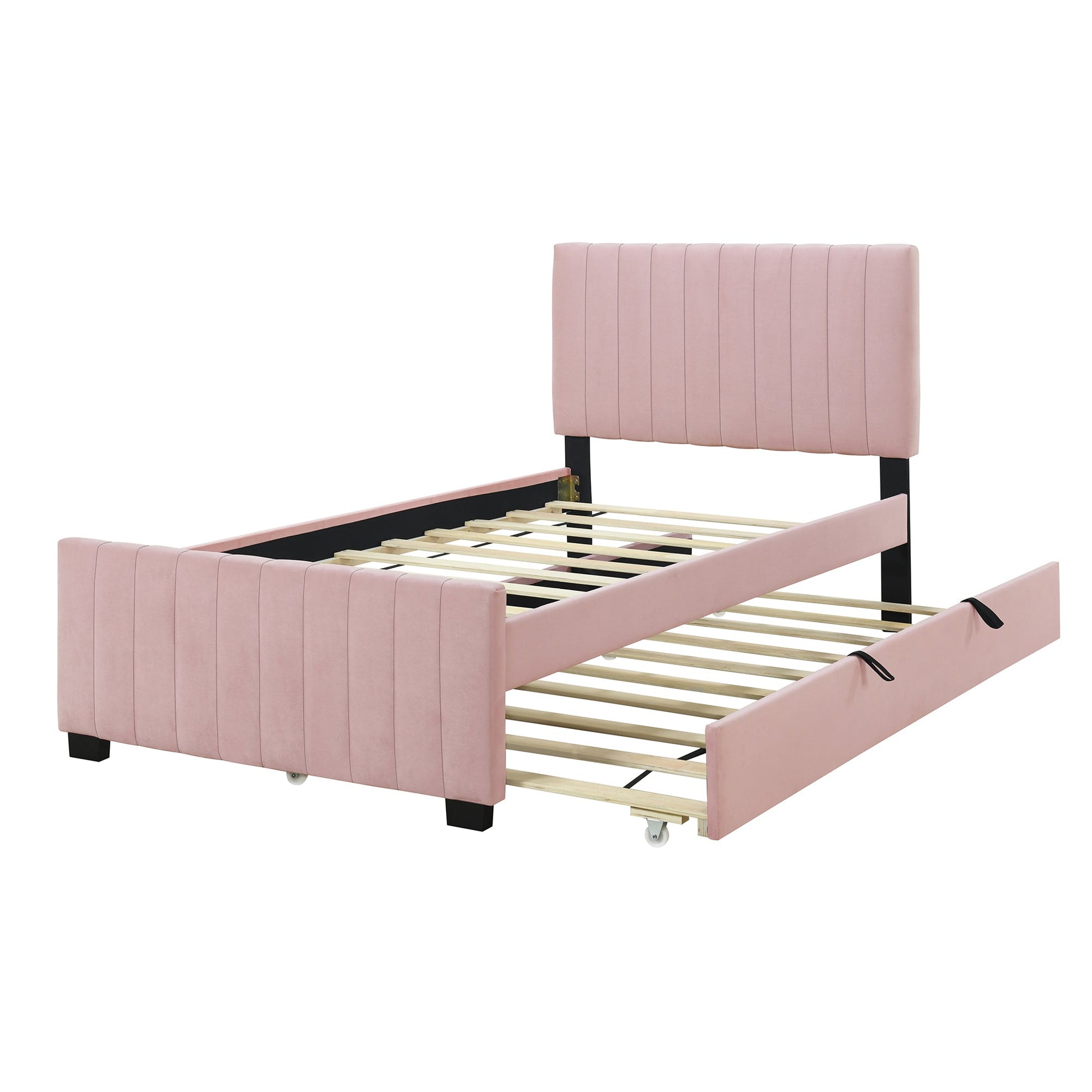 Linda Pink Velvet Twin Bed with Twin Trundle - Bunk and Bed Co.