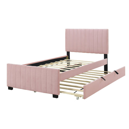 Linda Pink Velvet Twin Bed with Twin Trundle - Bunk and Bed Co.
