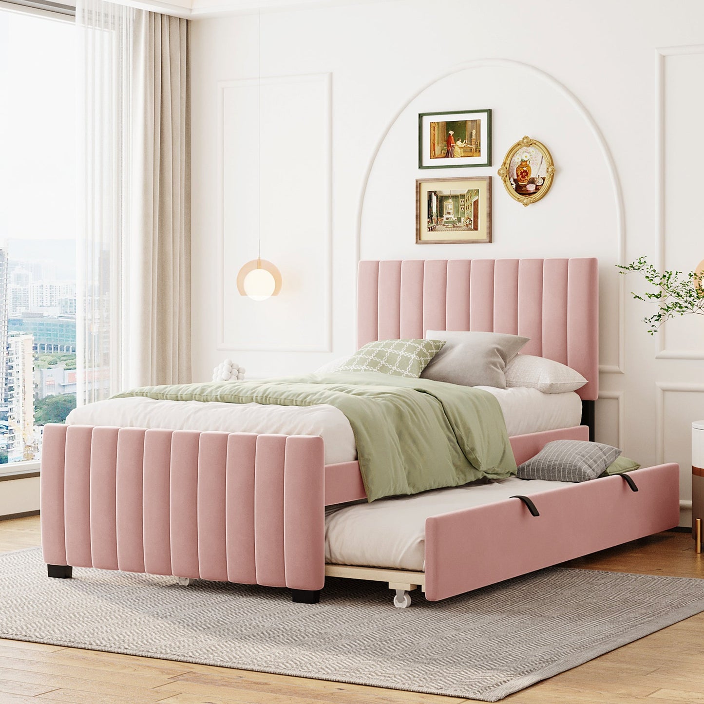 Linda Pink Velvet Twin Bed with Twin Trundle - Bunk and Bed Co.