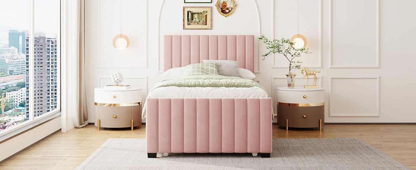 Linda Pink Velvet Twin Bed with Twin Trundle - Bunk and Bed Co.