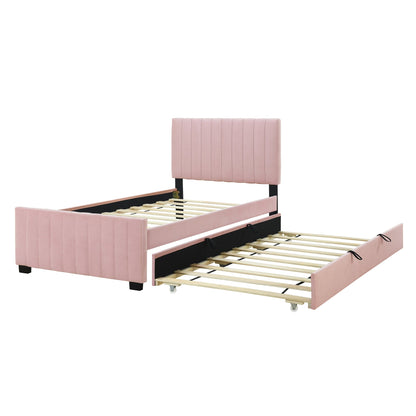 Linda Pink Velvet Twin Bed with Twin Trundle - Bunk and Bed Co.
