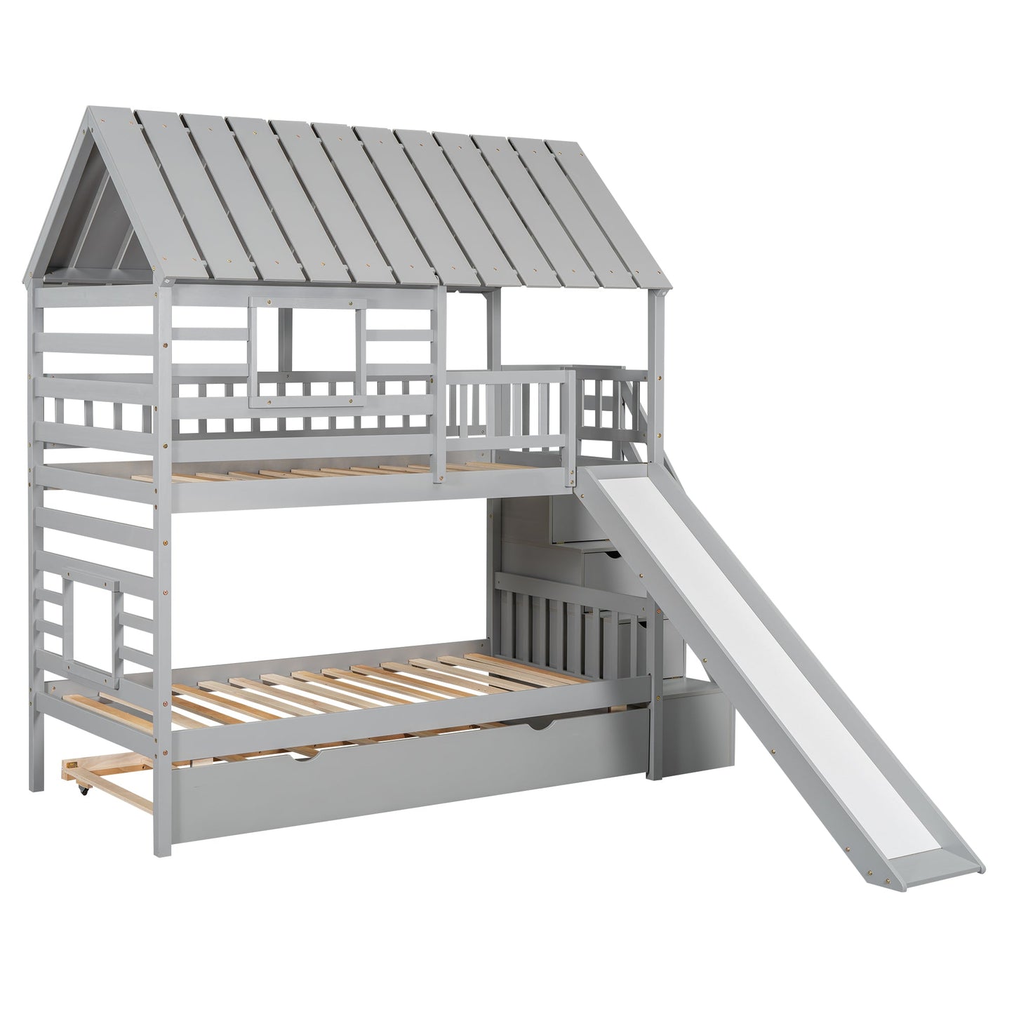 Playhouse Dream Twin Over Twin Bunk Bed with Slide & Trundle Gray - Bunk and Bed Co.