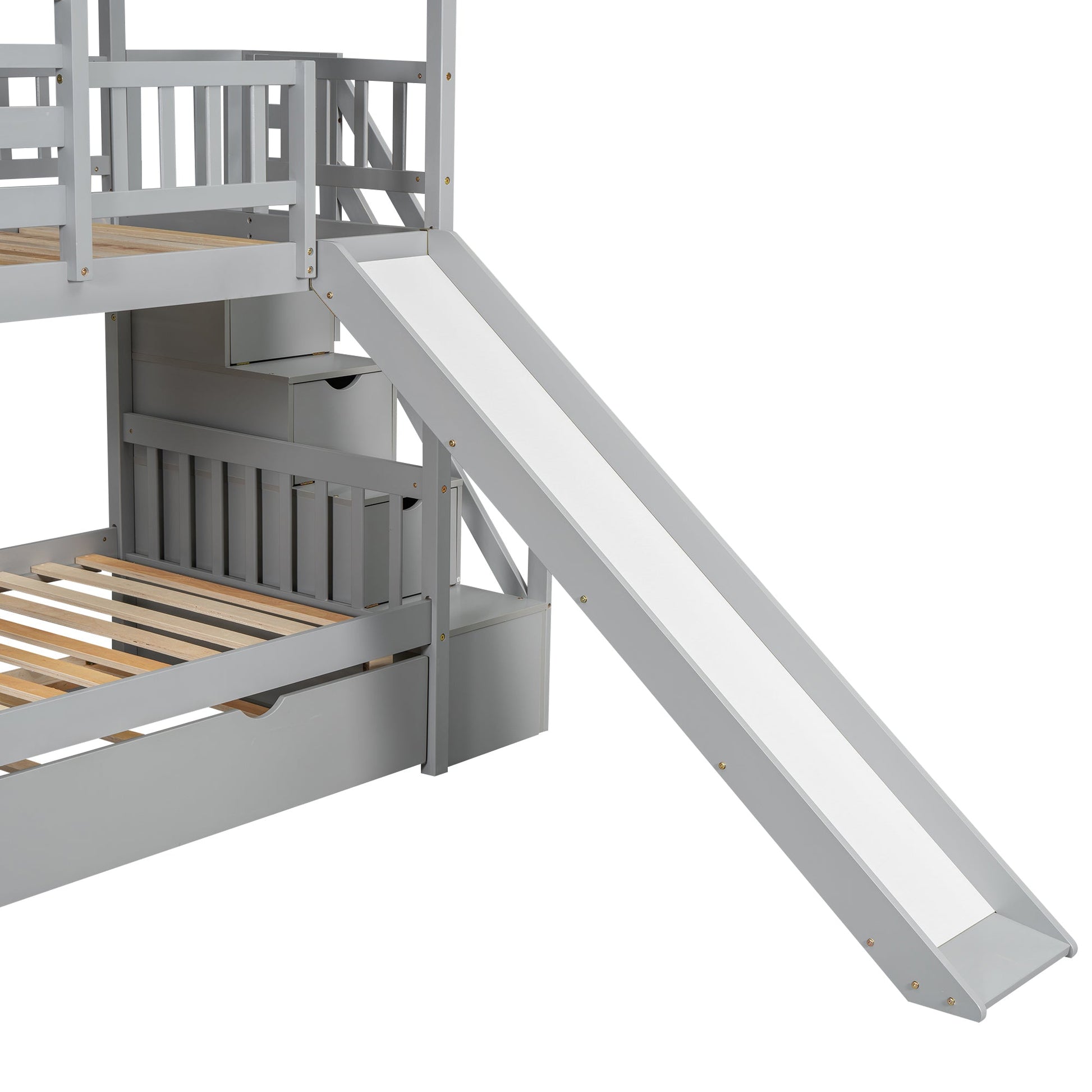 Playhouse Dream Twin Over Twin Bunk Bed with Slide & Trundle Gray - Bunk and Bed Co.