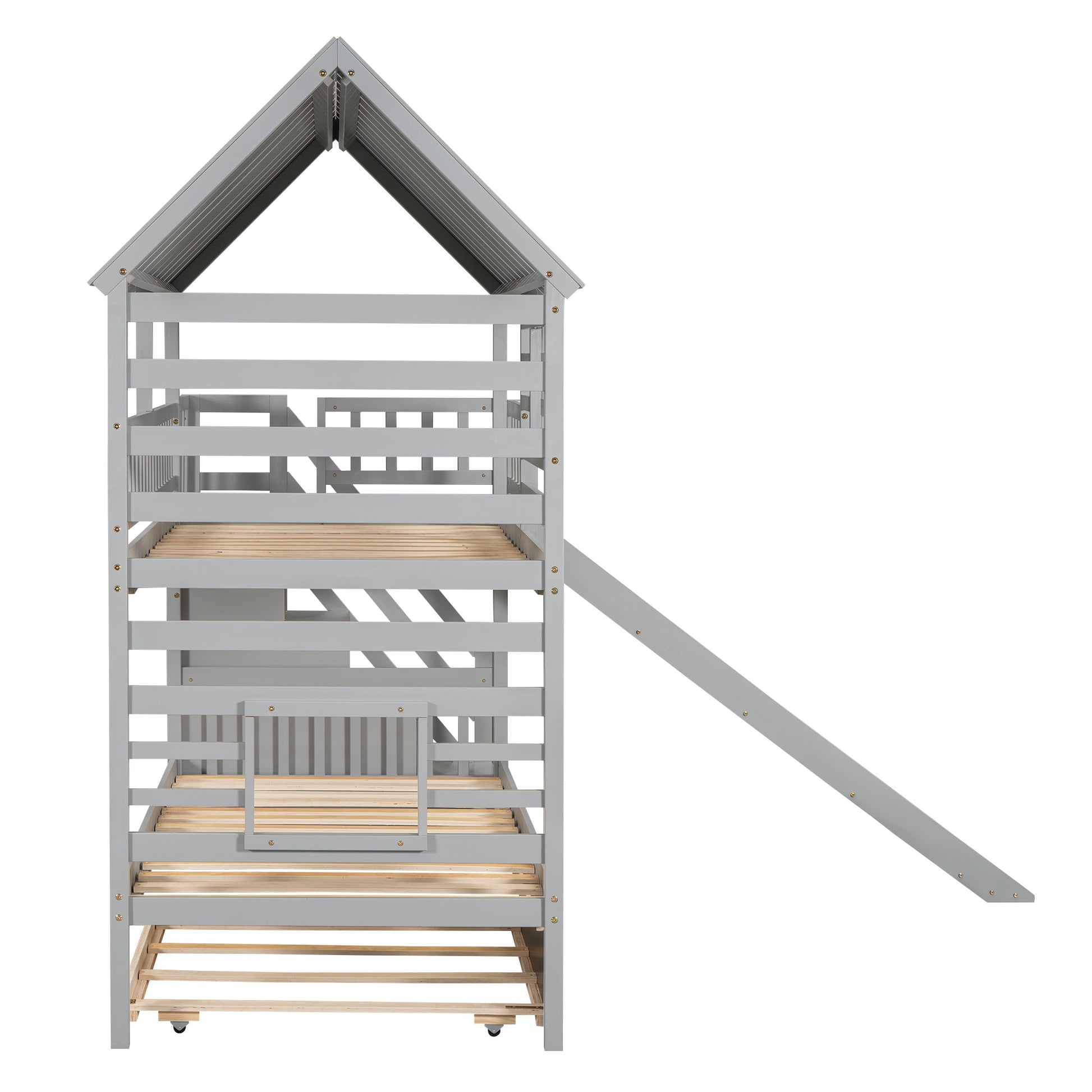 Playhouse Dream Twin Over Twin Bunk Bed with Slide & Trundle Gray - Bunk and Bed Co.