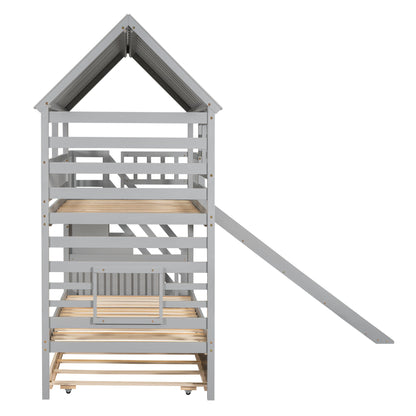 Playhouse Dream Twin Over Twin Bunk Bed with Slide & Trundle Gray - Bunk and Bed Co.