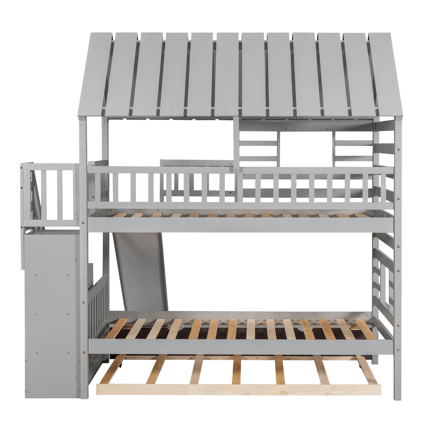 Playhouse Dream Twin Over Twin Bunk Bed with Slide & Trundle Gray - Bunk and Bed Co.
