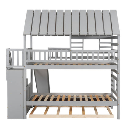 Playhouse Dream Twin Over Twin Bunk Bed with Slide & Trundle Gray - Bunk and Bed Co.