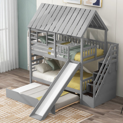 Playhouse Dream Twin Over Twin Bunk Bed with Slide & Trundle Gray - Bunk and Bed Co.
