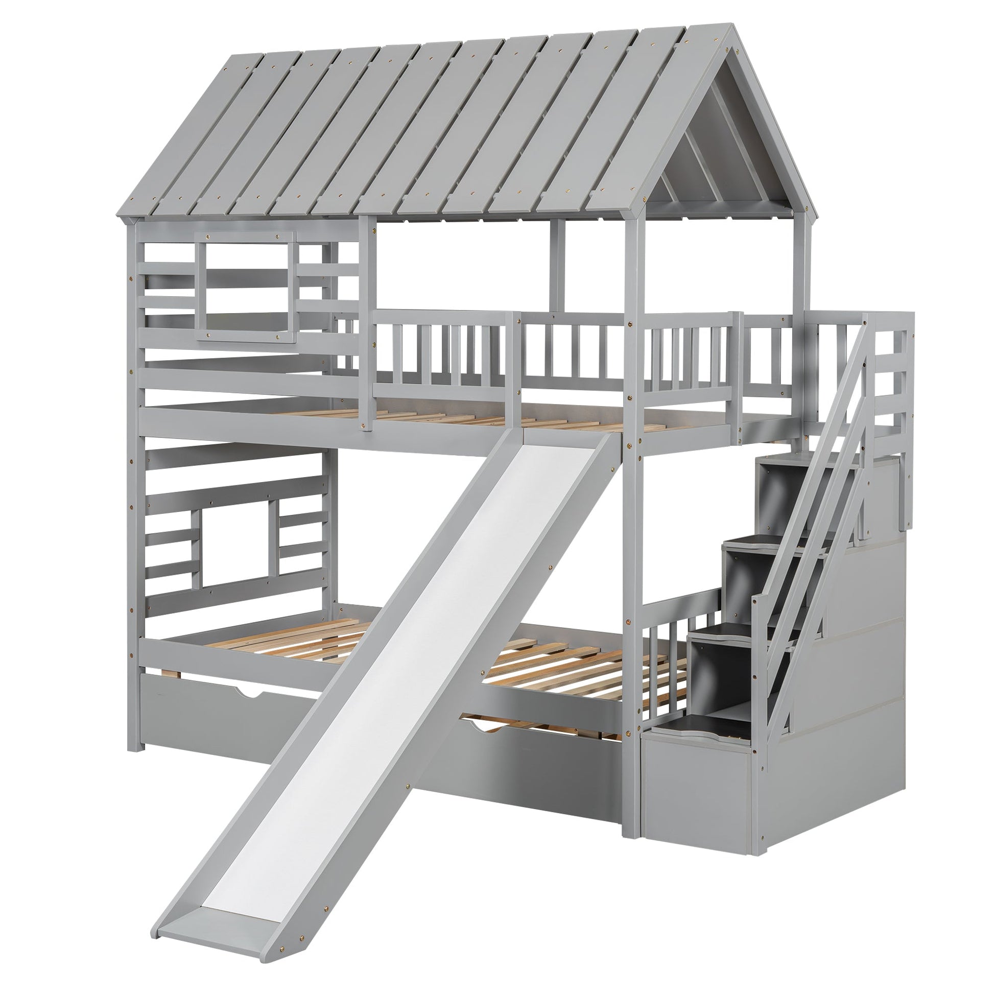 Playhouse Dream Twin Over Twin Bunk Bed with Slide & Trundle Gray - Bunk and Bed Co.