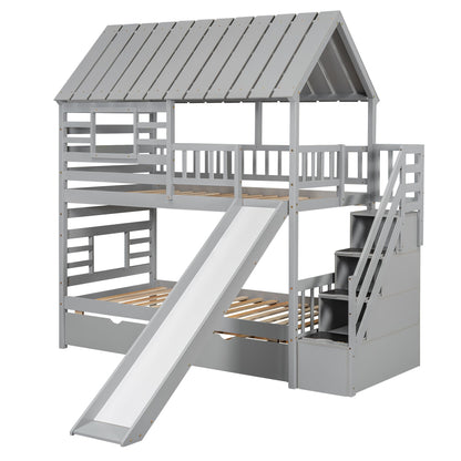 Playhouse Dream Twin Over Twin Bunk Bed with Slide & Trundle Gray - Bunk and Bed Co.