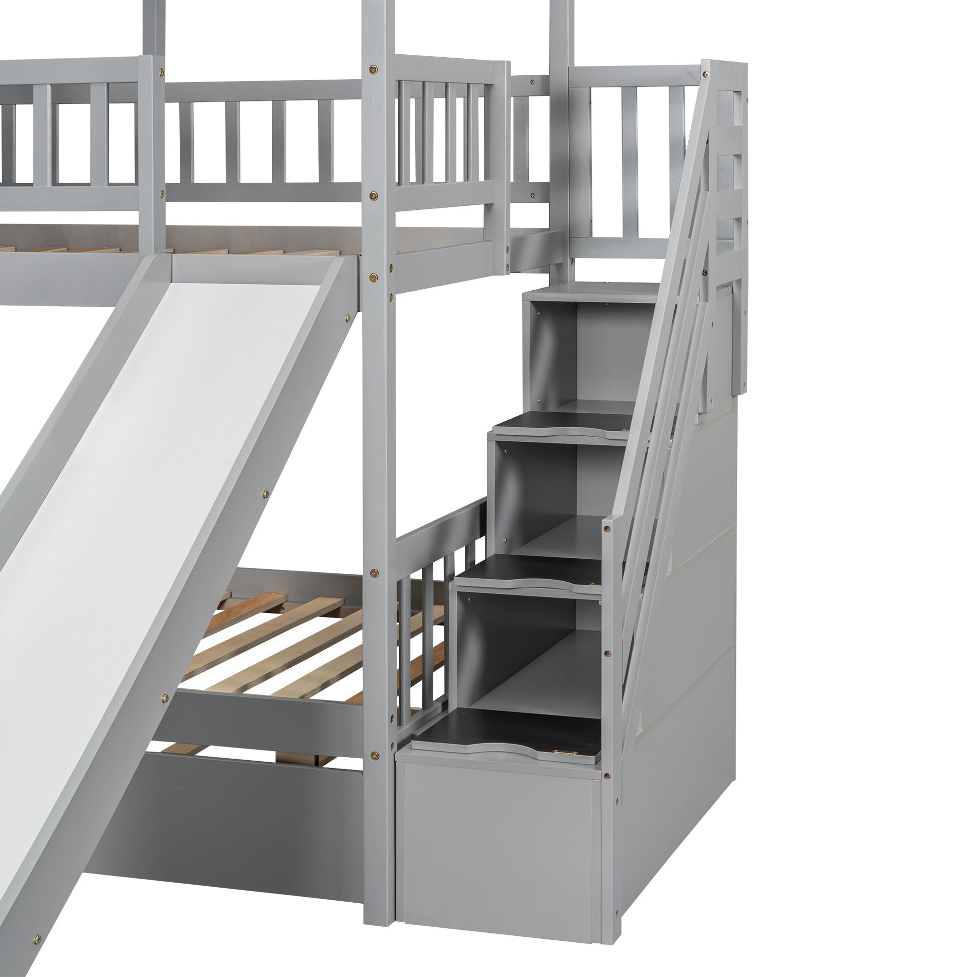 Playhouse Dream Twin Over Twin Bunk Bed with Slide & Trundle Gray - Bunk and Bed Co.