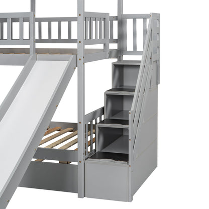 Playhouse Dream Twin Over Twin Bunk Bed with Slide & Trundle Gray - Bunk and Bed Co.