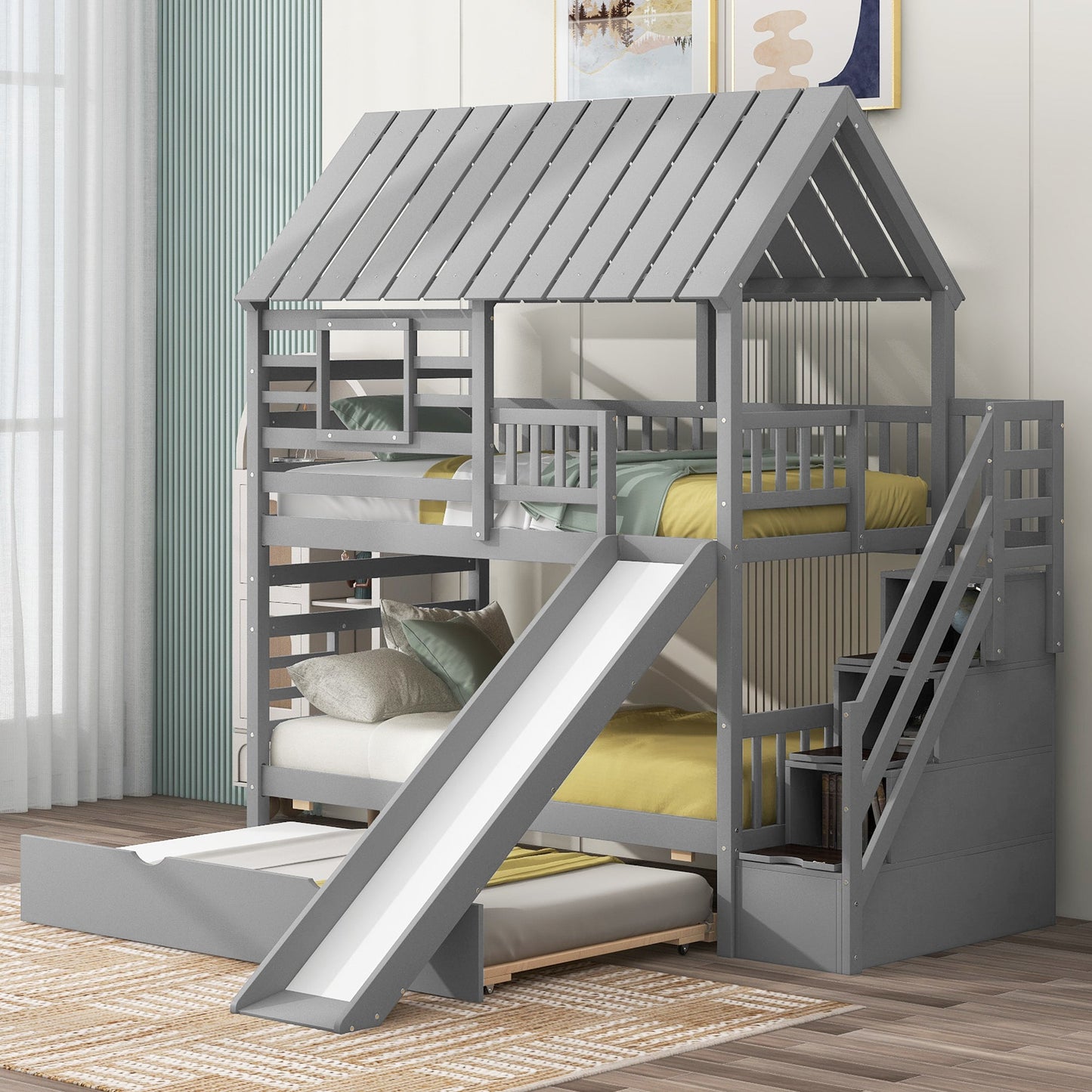 Playhouse Dream Twin Over Twin Bunk Bed with Slide & Trundle Gray - Bunk and Bed Co.