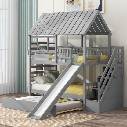 Playhouse Dream Twin Over Twin Bunk Bed with Slide & Trundle Gray - Bunk and Bed Co.