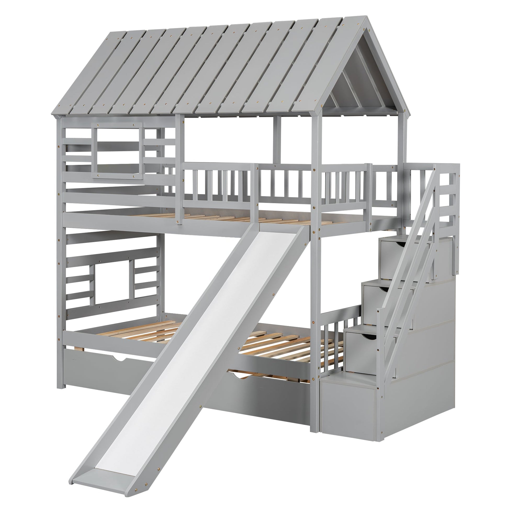 Playhouse Dream Twin Over Twin Bunk Bed with Slide & Trundle Gray - Bunk and Bed Co.