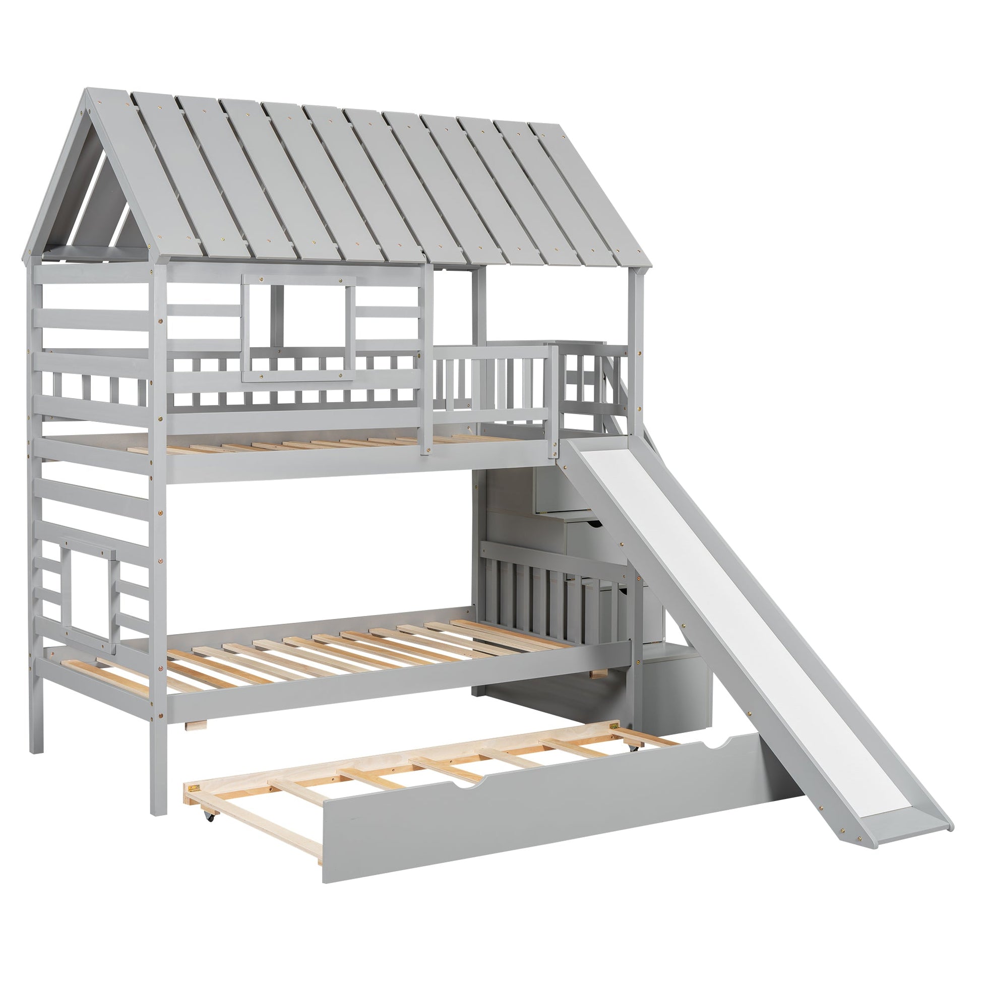 Playhouse Dream Twin Over Twin Bunk Bed with Slide & Trundle Gray - Bunk and Bed Co.